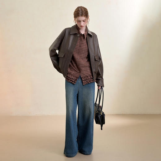 西遇复古休闲摩登质感pu皮夹克外套女秋季宽松廓形显瘦机车服V3151296 商品图1