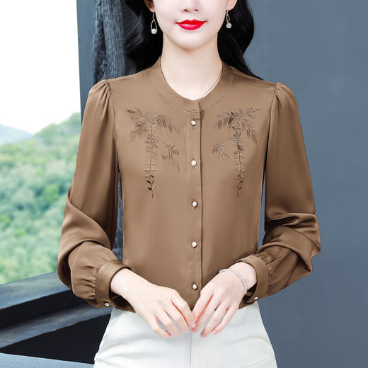 KQLBH 369B#459 2025精美刺绣女士气质高领新品缎面显瘦气质春季长袖上衣 商品图2