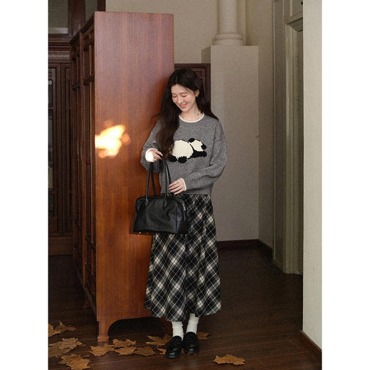 鹿向南「熊猫团子」花灰色圆领保暖长袖毛衣秋冬季新款简约上衣女L58116 商品图1