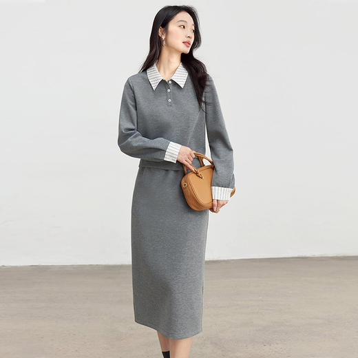 【年终特卖】熙世界休闲条纹衬衫领卫衣套装女秋直筒半身裙两件套 商品图3