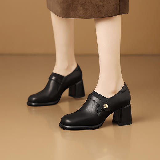 【预售5天】法式真皮圆头粗跟高跟鞋，舒适百搭单鞋防水台小皮鞋HY&H3730 商品图0