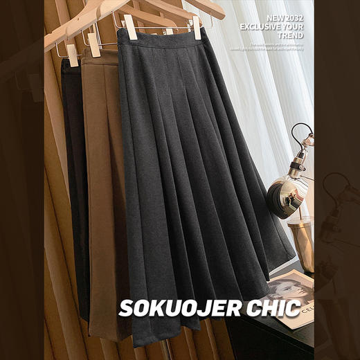 秋季新款半身裙中长款女秋冬款加厚高腰毛呢百褶裙显瘦韩版休闲裙子 商品图0