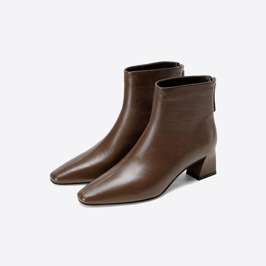 Westory2025年冬季小方头中跟光面羊皮简约百搭后拉链短靴S25DS85771 商品图1