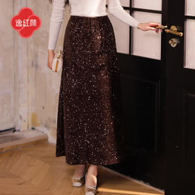逸红颜 星烁 2025秋冬新款满天星亮片丝绒松紧腰时装A摆半身裙女