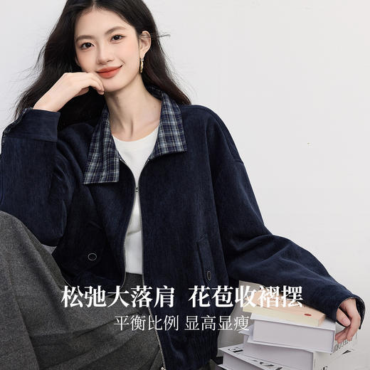 【10/1新品】熙世界正反两穿花苞棒球服夹克女2025秋冬新款复古撞色格纹短外套 商品图1