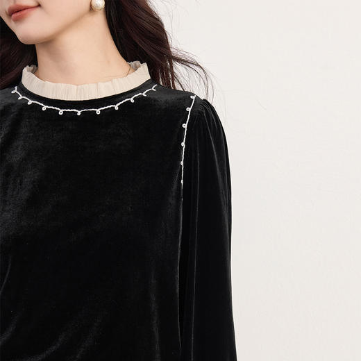 【10/1新品】熙世界法式千金风黑丝绒衬衫女秋冬高级感优雅赫本木耳边长袖上衣 商品图4