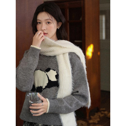 鹿向南「熊猫团子」花灰色圆领保暖长袖毛衣秋冬季新款简约上衣女L58116 商品图3