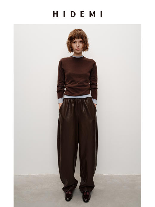 HIDEMI 可再生蛋白皮复古做旧感茧型皮裤羊腿裤松紧腰宽松长裤女 商品图11