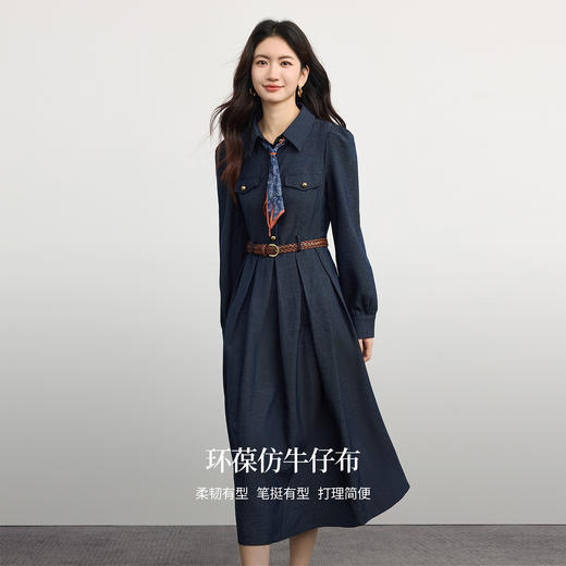 【10/1新品】熙世界通勤都市风仿牛仔翻领连衣裙女长袖收腰衬衫裙子2025秋新款 商品图3