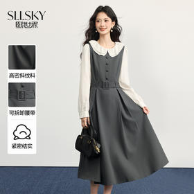 【10/1新品】熙世界格雷系荷叶领假两件连衣裙女长袖灰色通勤收腰裙子2025秋款