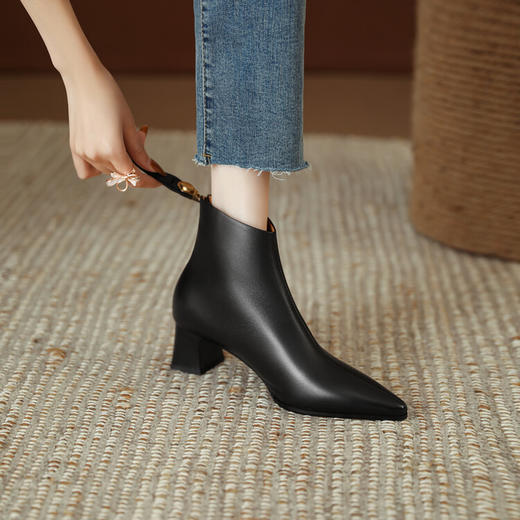 【预售5天】巨舒适~软羊皮粗跟法式及裸靴短靴女秋冬新款尖头切尔西单靴LG&2363-35 商品图4