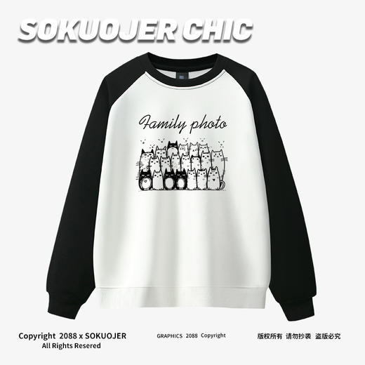 高品质美式圆领重磅卫衣女秋冬新款休闲喵的全家福印花宽松大码 商品图0