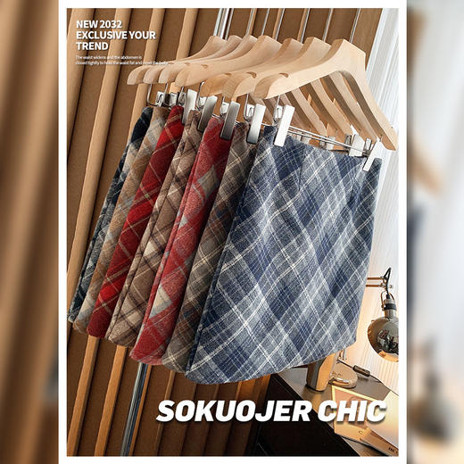 秋季新款毛呢格子包臀裙半身裙女秋冬显瘦高腰小个子短裙大码a字裙 商品图1