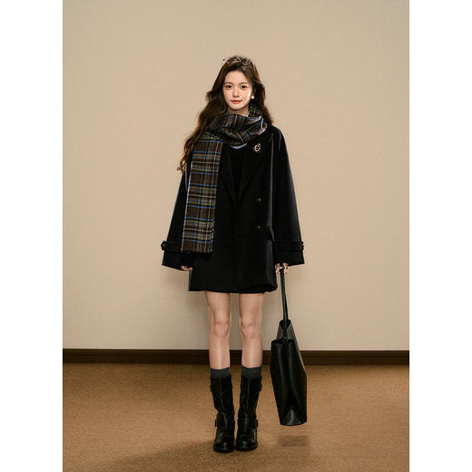 鹿向南「丽兹日记」学院风黑色中长款双排扣宽松显瘦毛呢外套女秋 商品图1