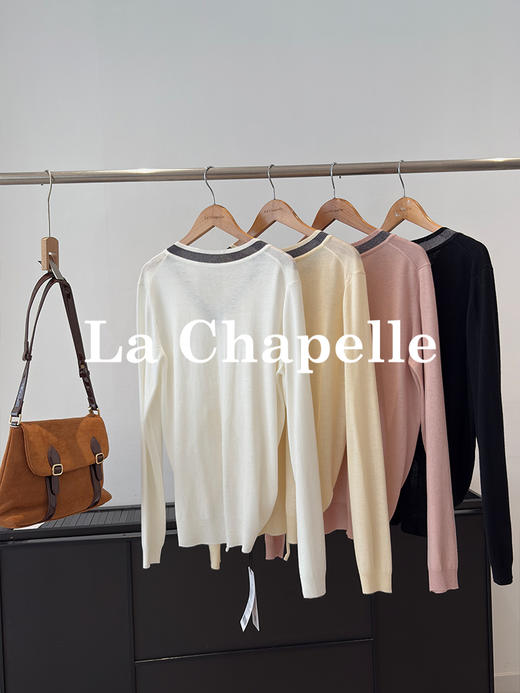 专柜实拍【绵羊毛/高质感】拉夏贝尔/La Chapelle设计感抽绳系带针织衫女秋季新款撞色V领长袖上衣 商品图1