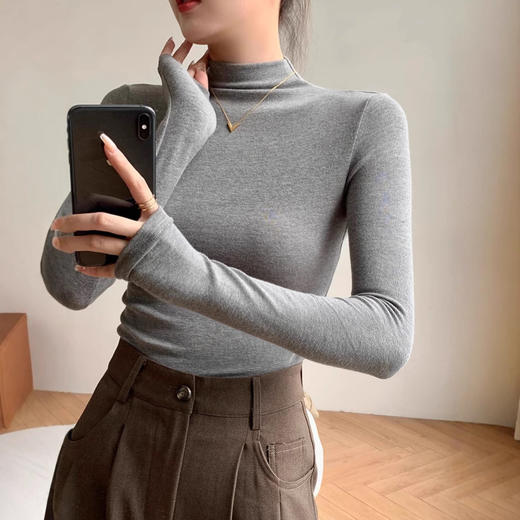 【买一送一】莫代尔黑色半高领打底衫女春秋内搭修身面膜长袖t恤中领薄款上衣 商品图1
