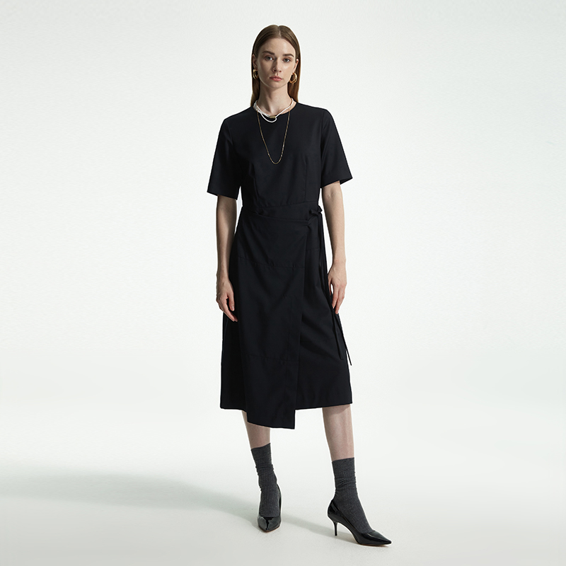 【JASON WU】夏季新款休闲通勤圆领收腰系带宽松百搭裙子长裙连衣裙