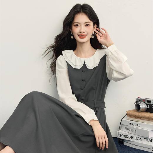 【10/1新品】熙世界格雷系荷叶领假两件连衣裙女长袖灰色通勤收腰裙子2025秋款 商品图4
