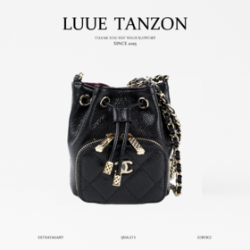 香奈儿 22B秋冬 品牌菱格皮穿链徽标Logo抽绳开合 颗粒压花鱼子酱牛皮 水桶包单肩斜挎包 超迷你(LZ)