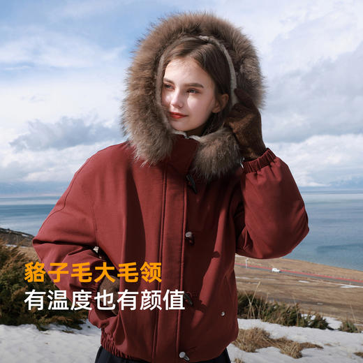 三彩2025冬季新款毛领羽绒服连帽牛角扣90白鸭绒外套M 商品图1