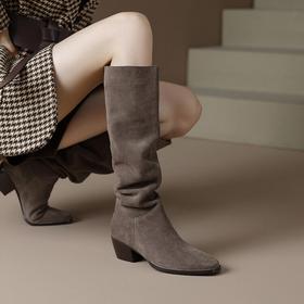 【预售7天】真皮新款尖头褶皱堆堆长筒靴女秋冬显瘦粗跟西部牛仔靴骑士靴长靴SY&G1063-1