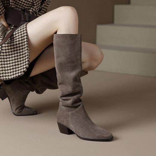 【预售7天】真皮新款尖头褶皱堆堆长筒靴女秋冬显瘦粗跟西部牛仔靴骑士靴长靴SY&G1063-1 商品图0