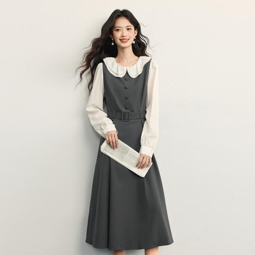 【10/1新品】熙世界格雷系荷叶领假两件连衣裙女长袖灰色通勤收腰裙子2025秋款 商品图2
