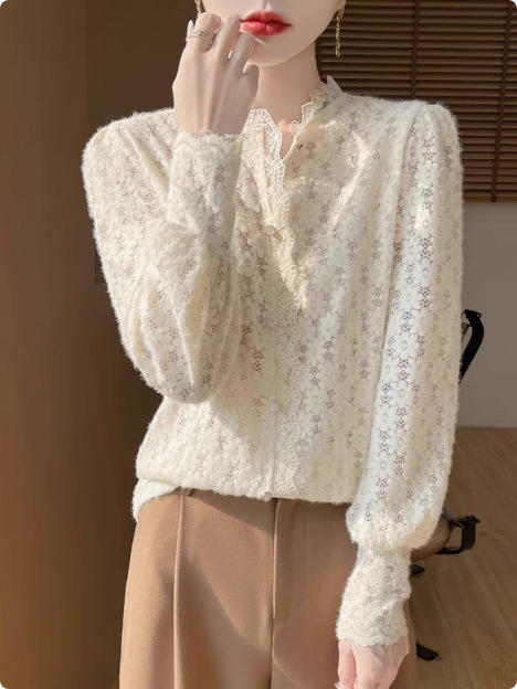 秋冬季【新款半高领针织衫】木耳边镂空钩花设计感 打底衫内搭上衣女 商品图3