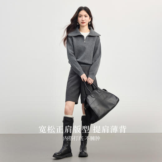 【10/1新品】熙世界宽松茧型灰色半拉链翻领毛衣女秋冬加厚复古北极绒针织上衣 商品图2