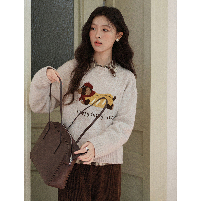 【6折秒杀】鹿向南「森野拼图」燕麦色保暖长袖毛衣秋冬新款简约慵懒风上衣女L58106