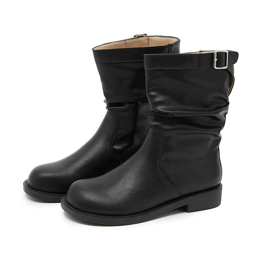 西遇复古中筒骑士靴女新款秋季英伦风圆头褶皱堆堆靴黑色短靴D0047434 商品图7