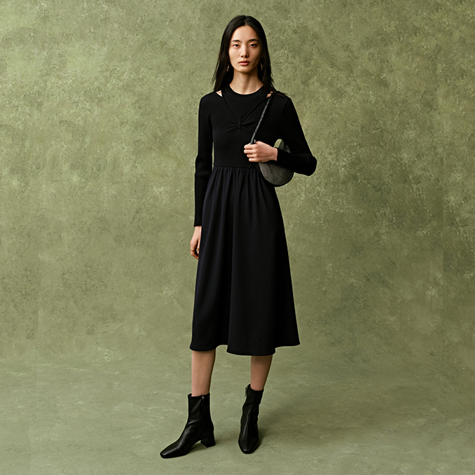 【JASON WU】春季新款简约百搭休闲镂空针梭拼裙子长裙连衣裙