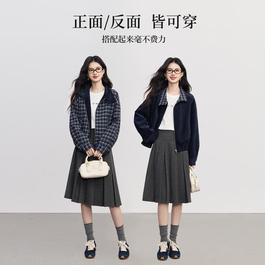 【10/1新品】熙世界正反两穿花苞棒球服夹克女2025秋冬新款复古撞色格纹短外套 商品图2
