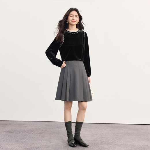 【10/1新品】熙世界法式千金风黑丝绒衬衫女秋冬高级感优雅赫本木耳边长袖上衣 商品图2