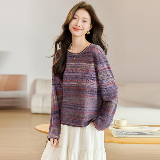 慵懒风宽松条纹提花毛衣女秋冬外穿2025新款高级感内搭针织打底衫 商品图3