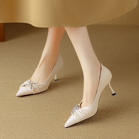 【预售5天】法式水钻蝴蝶结细跟高跟鞋女新款真皮尖头浅口百搭单鞋DB&M6185