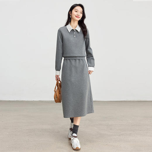 【年终特卖】熙世界休闲条纹衬衫领卫衣套装女秋直筒半身裙两件套 商品图4