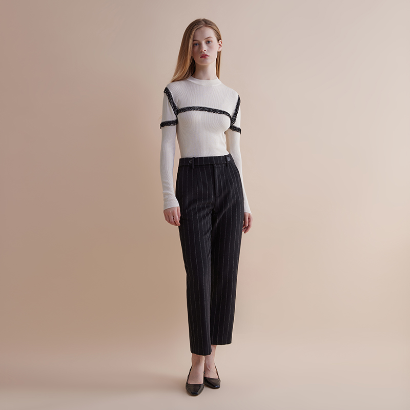 【JASON WU】春夏新款百搭山羊绒撞色套头高弹修身上衣毛针织衫女