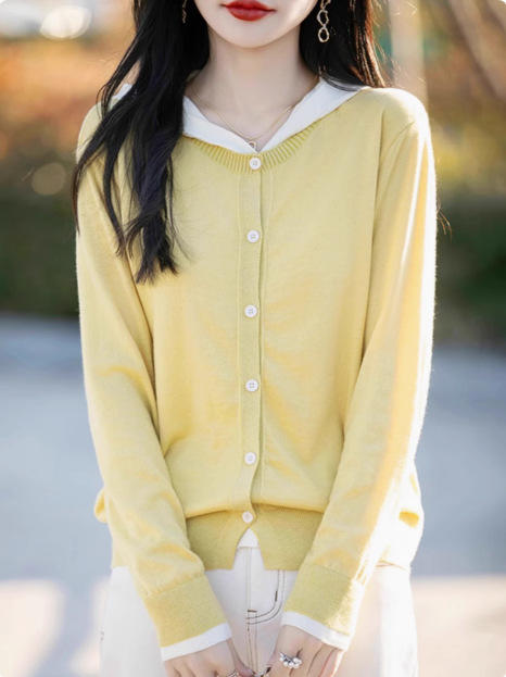 秋季新款【撞色假两件连帽】慵懒风 时尚气质设计感精纺羊毛毛衣开衫  商品图2