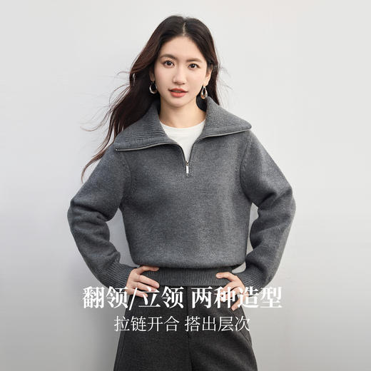 【10/1新品】熙世界宽松茧型灰色半拉链翻领毛衣女秋冬加厚复古北极绒针织上衣 商品图1