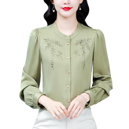 KQLBH 369B#459 2025精美刺绣女士气质高领新品缎面显瘦气质春季长袖上衣 商品图4