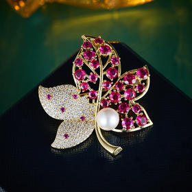 轻奢风彩宝珍珠红刚玉镶嵌锆石，枫叶胸针高档精致胸花LY-M-364