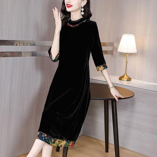 春秋新款2025贵夫人阔太太黑色金丝绒拼接连衣裙女 商品图2