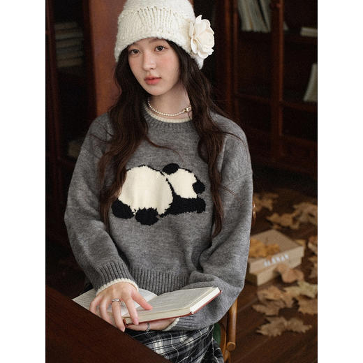 鹿向南「熊猫团子」花灰色圆领保暖长袖毛衣秋冬季新款简约上衣女L58116 商品图4