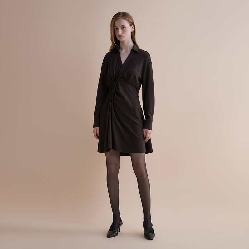 【JASON WU】夏季新款休闲通勤V领褶皱长袖中长款裙子长裙衬衫连衣裙