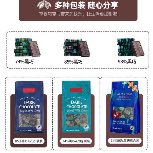 【中欧班列精选】瑞士爱普诗巧克力  原装进口Alpes d'Or74%/85%黑巧克力428g/袋 商品图3
