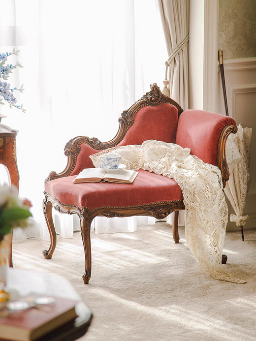 独角鹿西洋古董19世纪末法国出品路易十五风格莨苕卷叶主题硬木雕花装饰绒面贵妃椅 商品图1