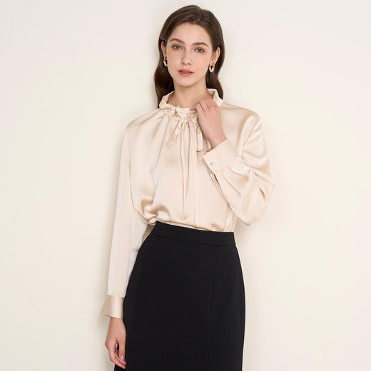 【紫色缎面衬衫】EITIE爱特爱气质抽绳木耳领直筒显瘦2025秋新款上衣C2513826 商品图8