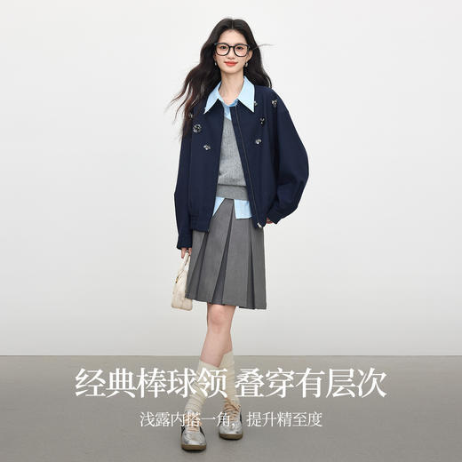 【10/1新品】熙世界立体珠片绣棒球领夹克上衣女秋季休闲百搭松弛感花苞短外套 商品图2