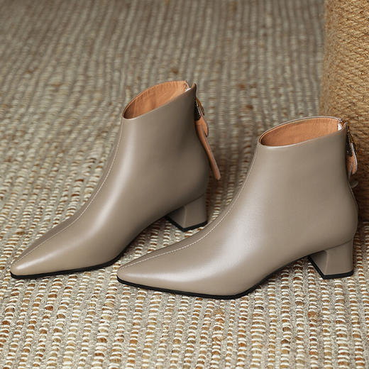 【预售5天】巨舒适~软羊皮粗跟法式及裸靴短靴女秋冬新款尖头切尔西单靴LG&2363-35 商品图3